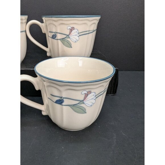 Epoch Lilies Floral Pleated Blue Rim 8 Oz Coffee/Tea Cup Set of 4 - Picture 5 of 8